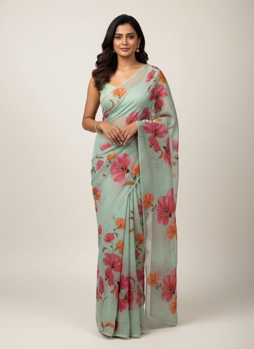 Serene Weave Linen Cotton Saree - Pastel Green