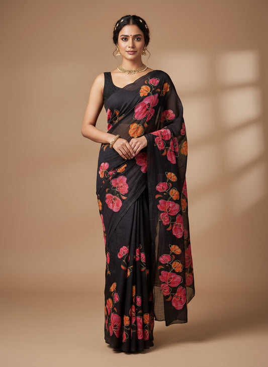 Serene Weave Linen Cotton Saree - Black