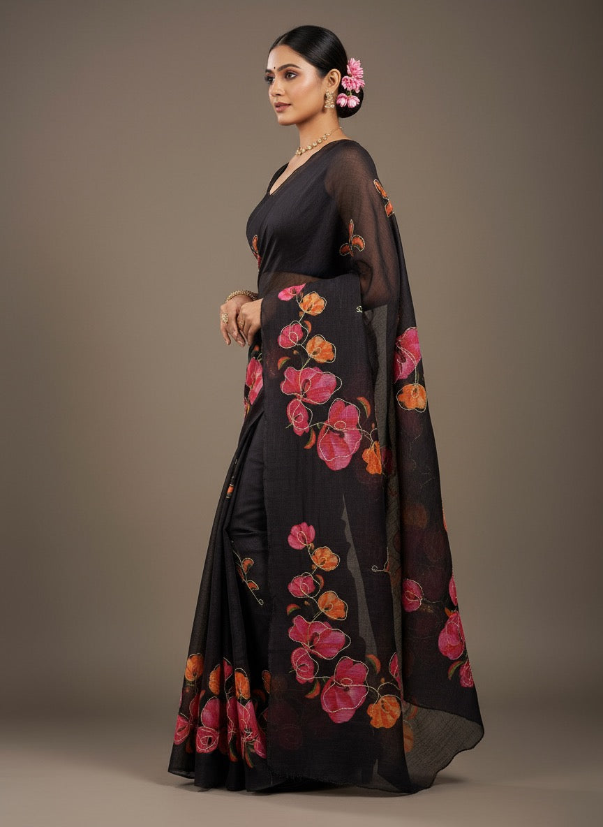 Serene Weave Linen Cotton Saree - Black