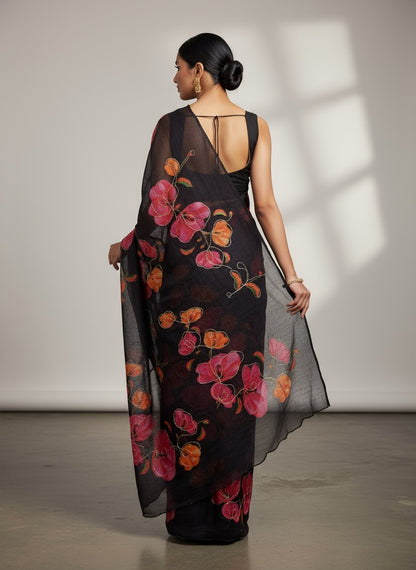 Serene Weave Linen Cotton Saree - Black