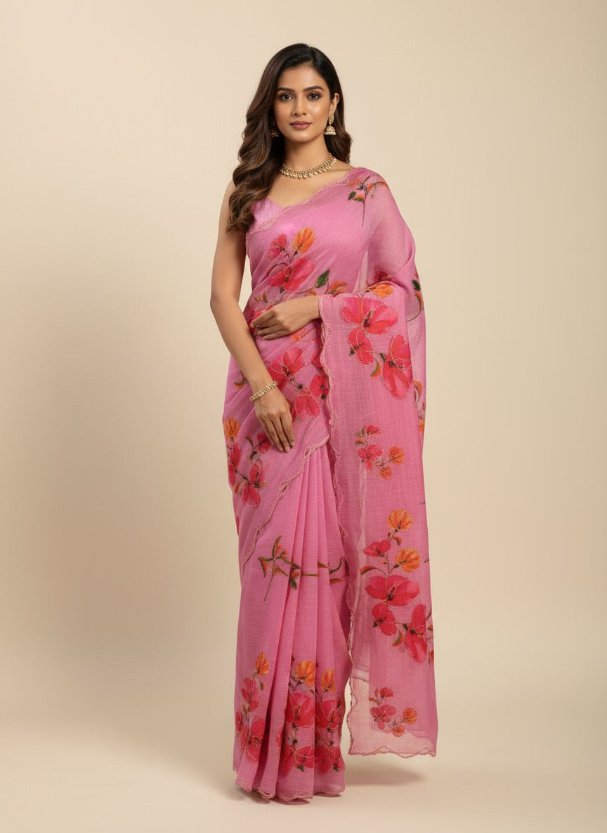 Serene Weave Linen Cotton Saree - Pink