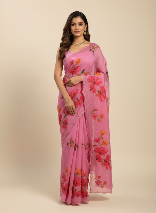 Serene Weave Linen Cotton Saree - Pink