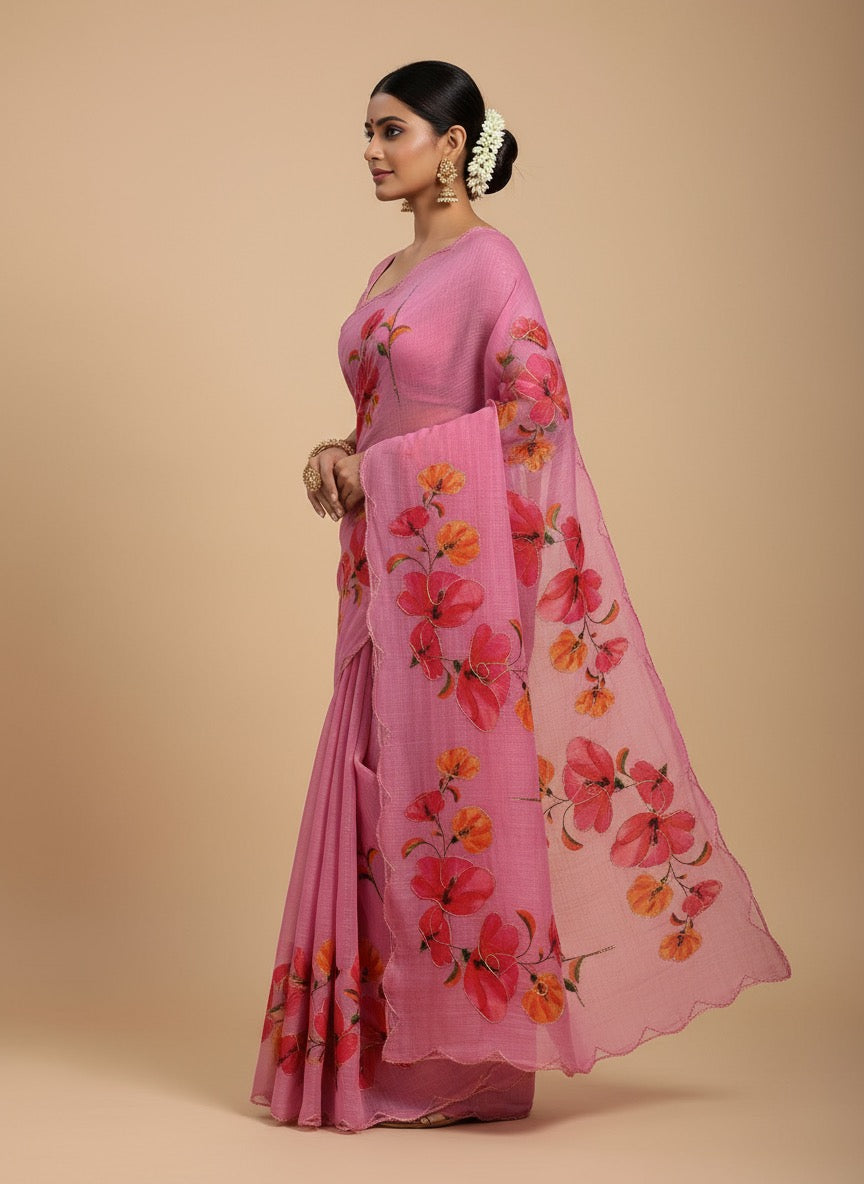 Serene Weave Linen Cotton Saree - Pink