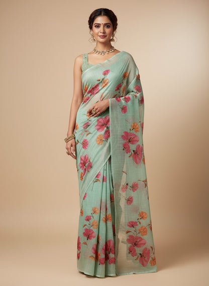 Serene Weave Linen Cotton Saree - Pastel Green