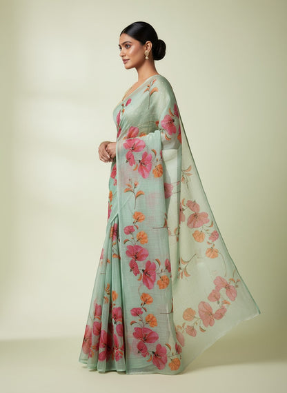 Serene Weave Linen Cotton Saree - Pastel Green