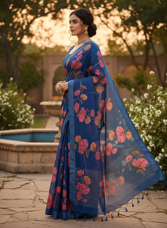 Serene Weave Linen Cotton Saree - Royal Blue