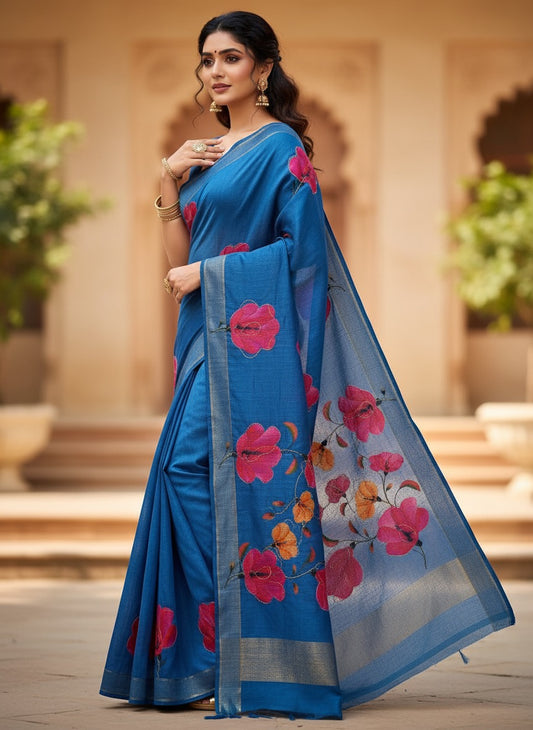 Serene Weave Linen Cotton Saree - Sky Blue