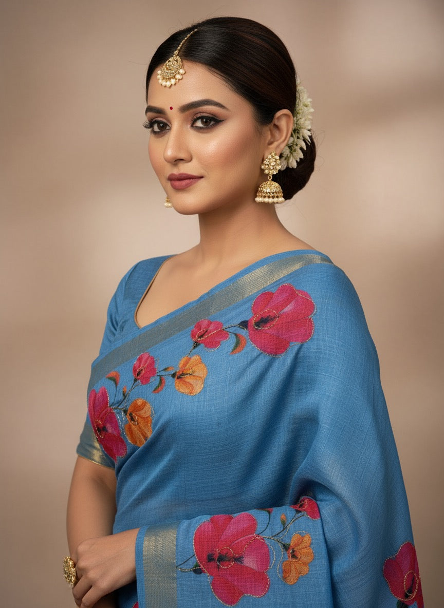 Serene Weave Linen Cotton Saree - Sky Blue