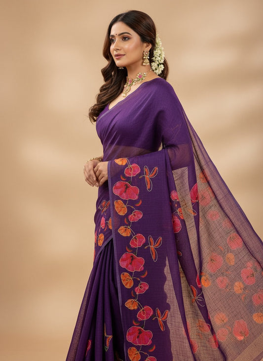 Serene Weave Linen Cotton Saree - Royal Purple