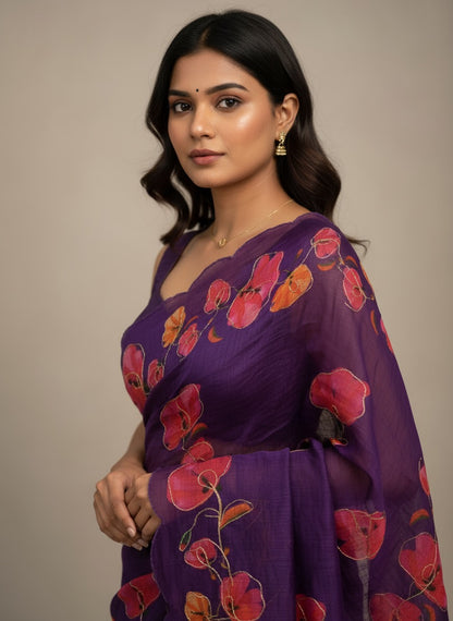 Serene Weave Linen Cotton Saree - Royal Purple