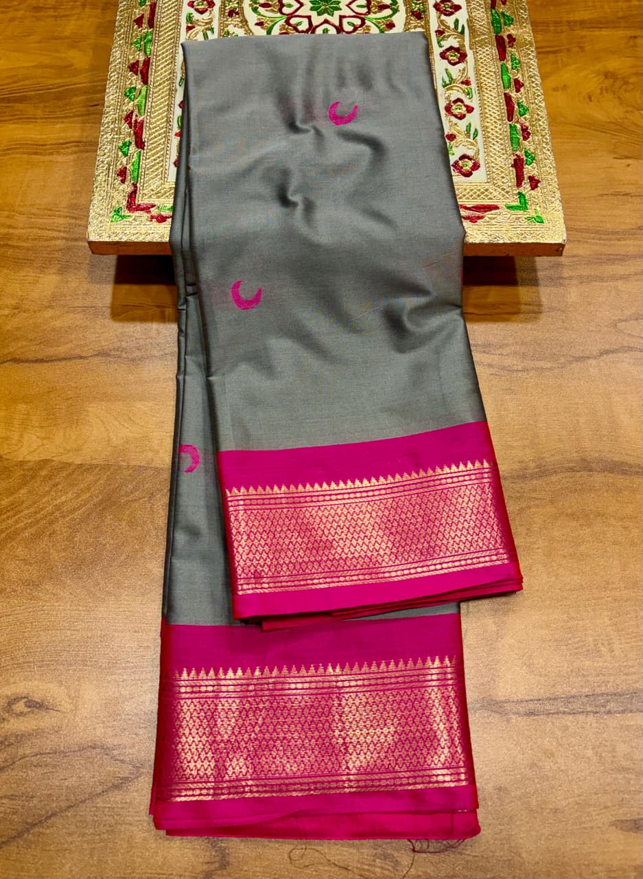 Soft Silk Chandrakor Paithani - Grey - Pink