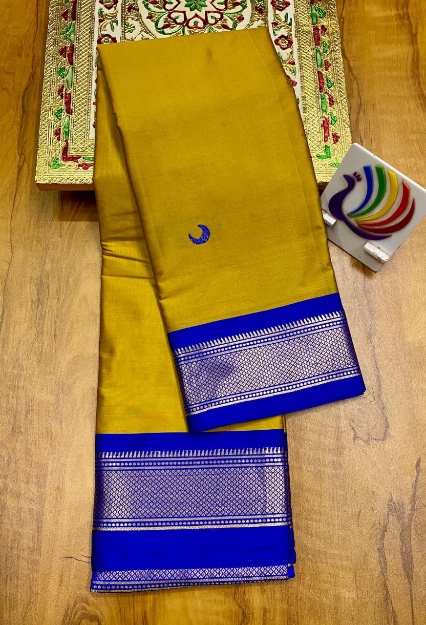 Soft Silk Chandrakor Paithani - Mustard-Blue