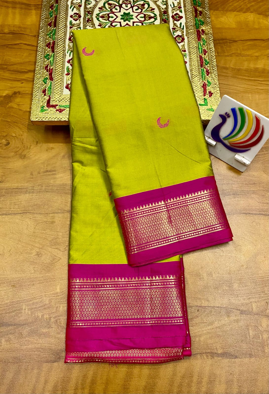 Soft Silk Chandrakor Paithani - Lime- Pink