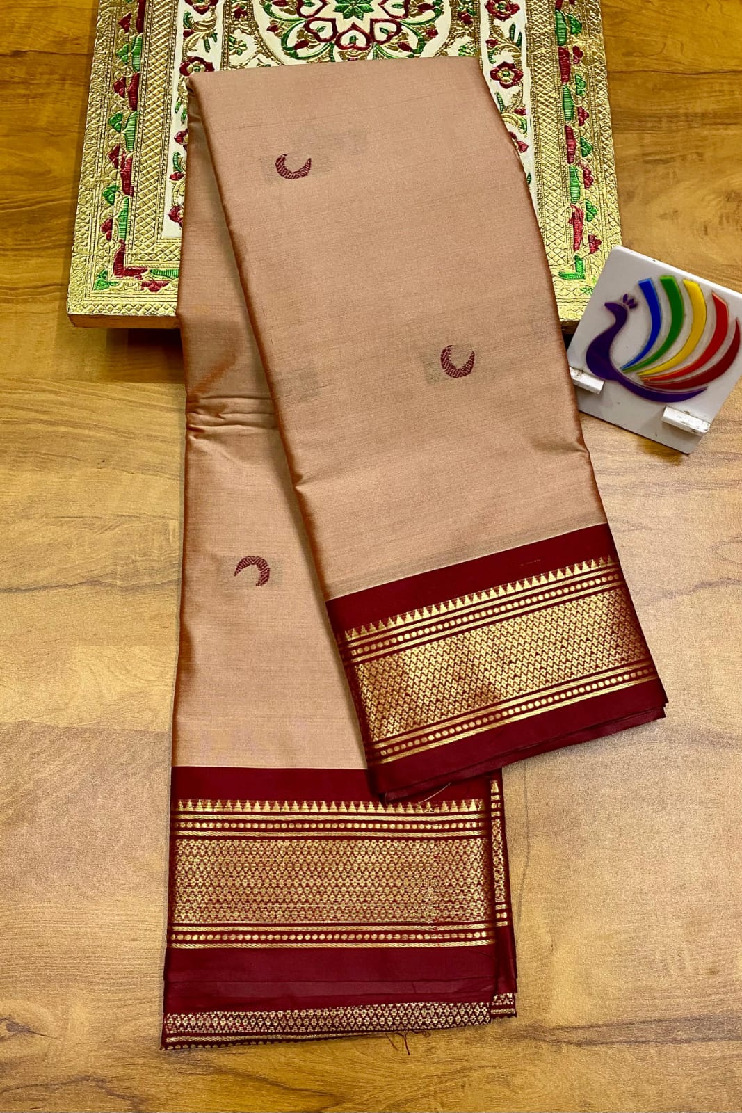 Soft Silk Chandrakor Paithani - Beige- Maroon