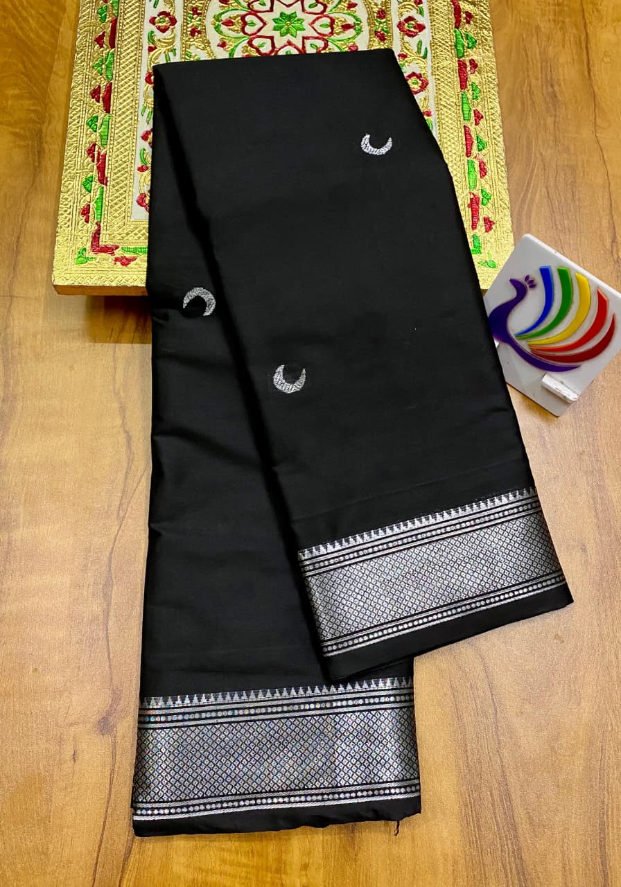 Soft Silk Chandrakor Paithani - Black - Silver