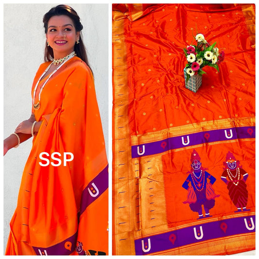 Sunset Orange Vithu Mauli Soft Silk Paithani Saree