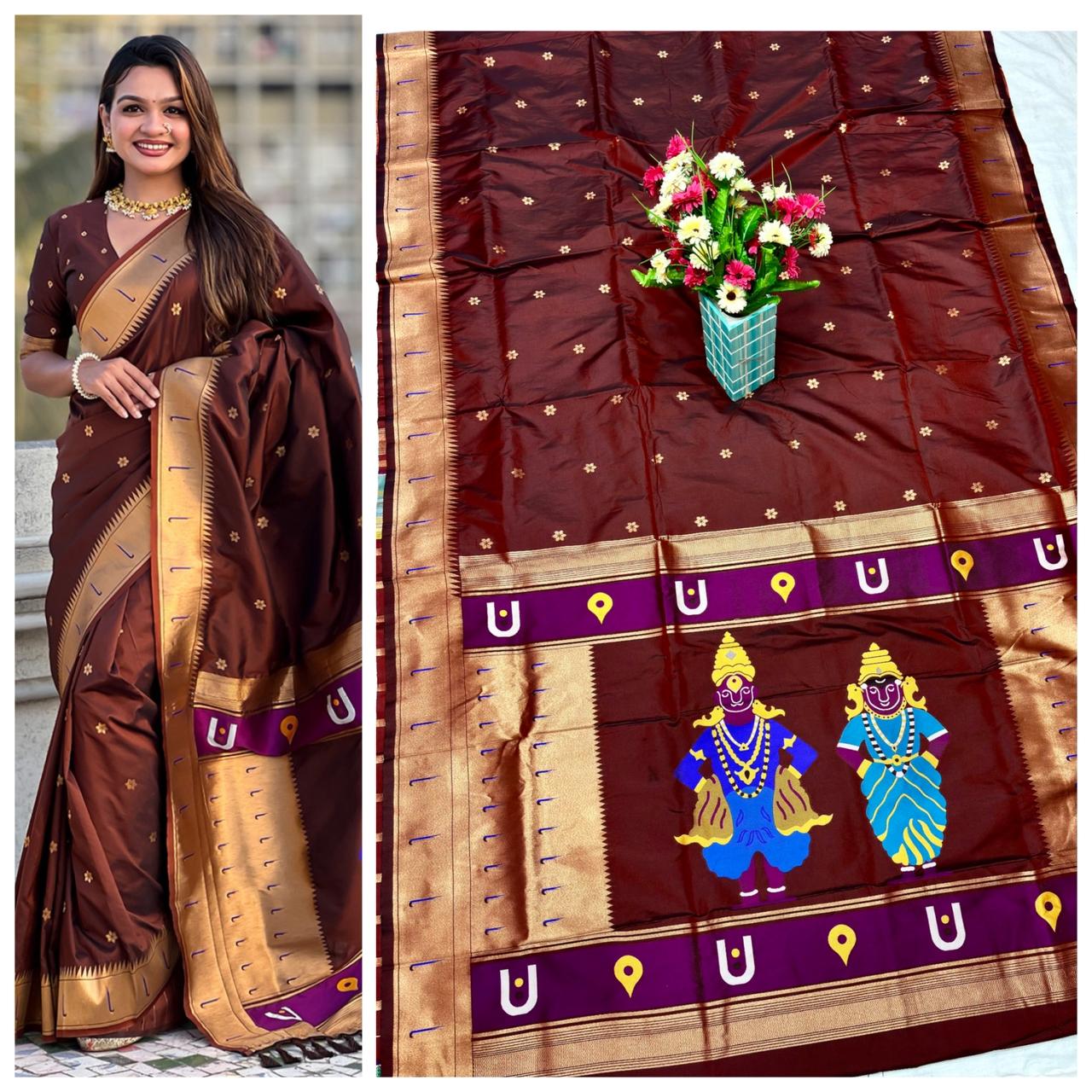 Maroon Vithoba Rukmini Soft Silk Paithani Saree