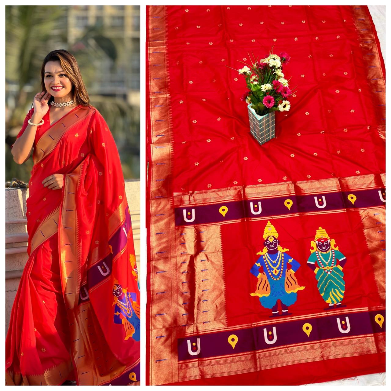 Classic Red Divine Vithu Mauli Soft Silk Paithani