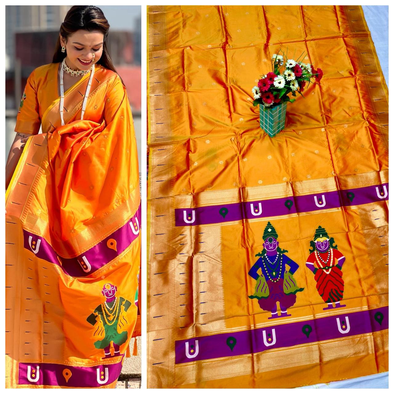 Golden Orange Vithu–Rukmai Soft Silk Paithani Saree