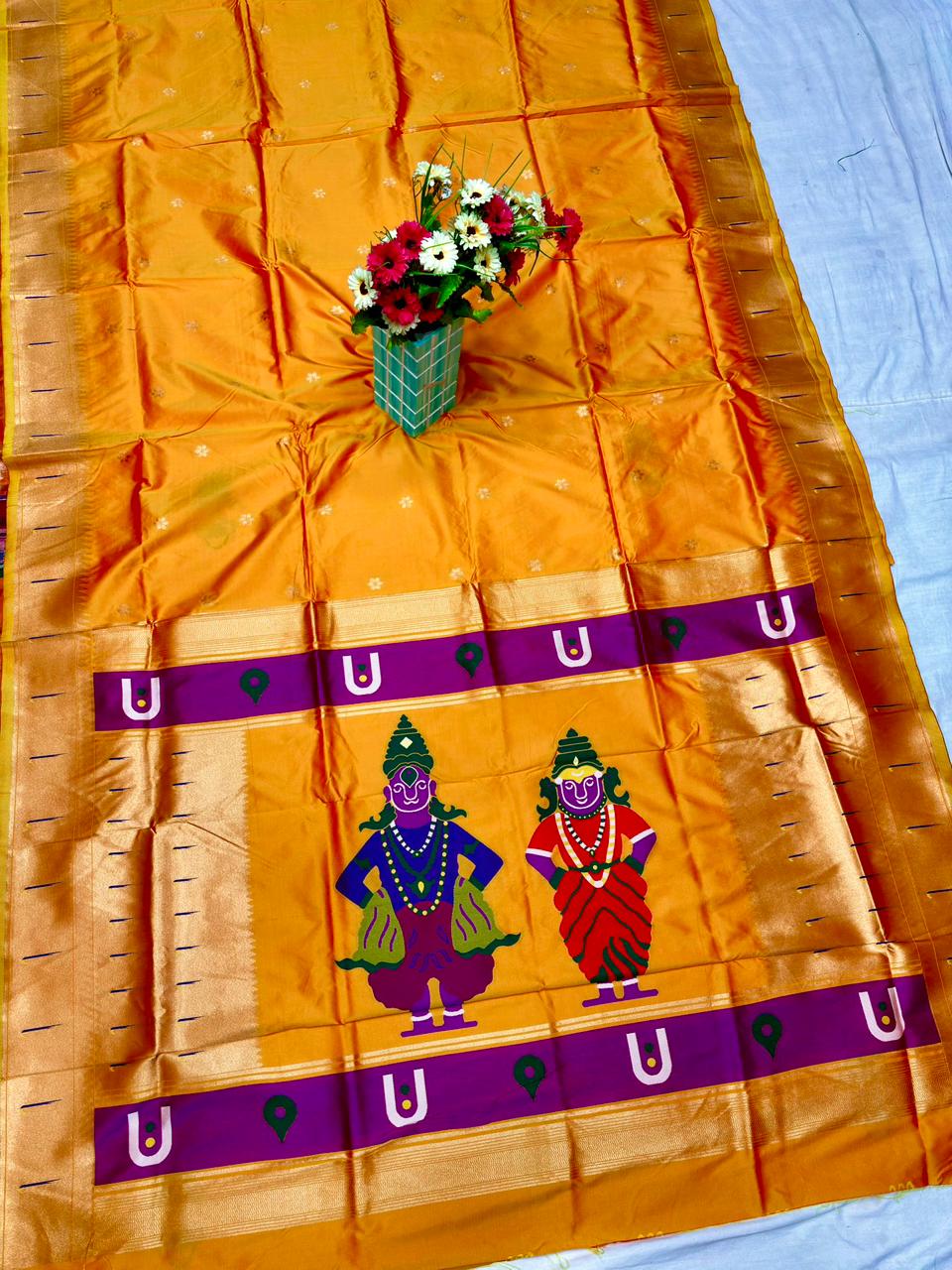 Golden Orange Vithu–Rukmai Soft Silk Paithani Saree