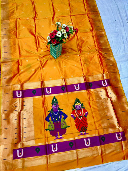 Golden Orange Vithu–Rukmai Soft Silk Paithani Saree