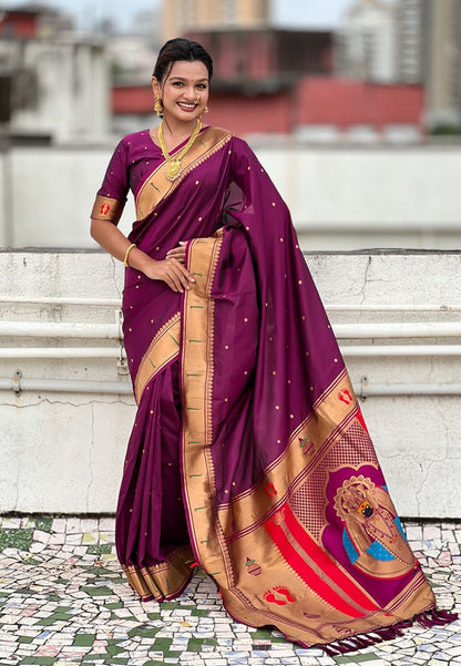 Divine Plum Balaji Design Pallu Soft Silk Paithani Saree