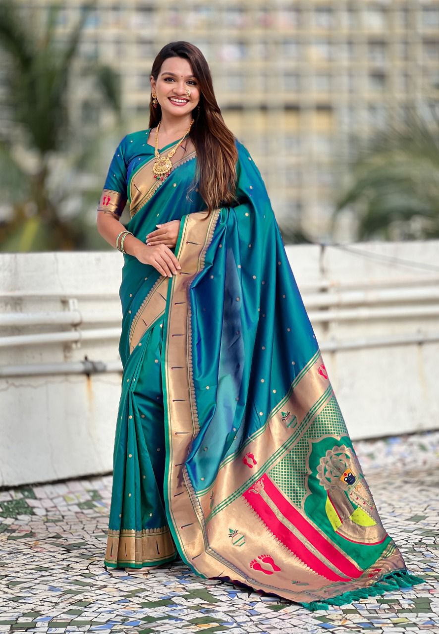 Nilambari Peacock-Teal Balaji Paithani Soft Silk Saree