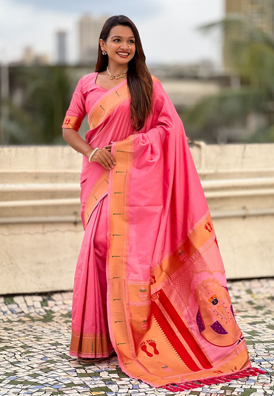 Nilambari Pink Balaji Paithani Soft Silk Saree