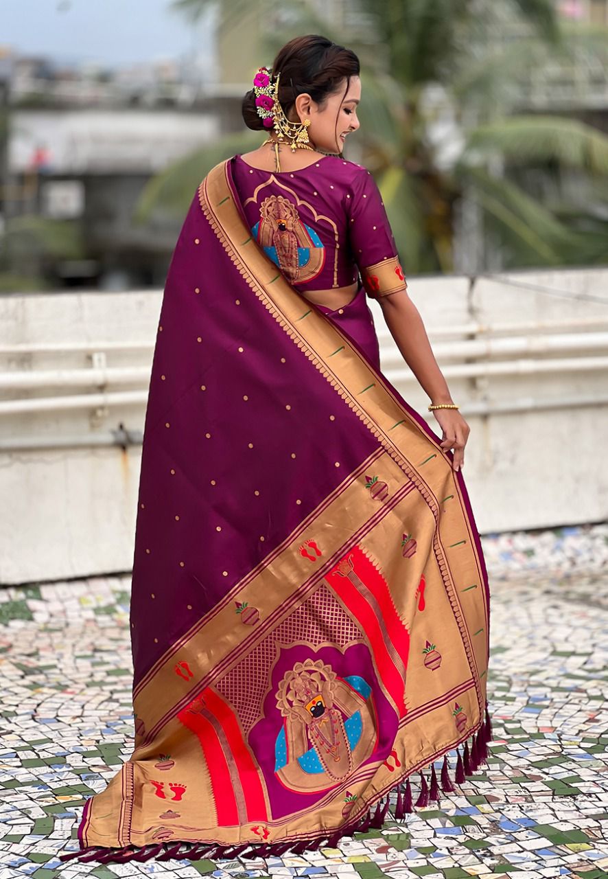 Divine Plum Balaji Design Pallu Soft Silk Paithani Saree