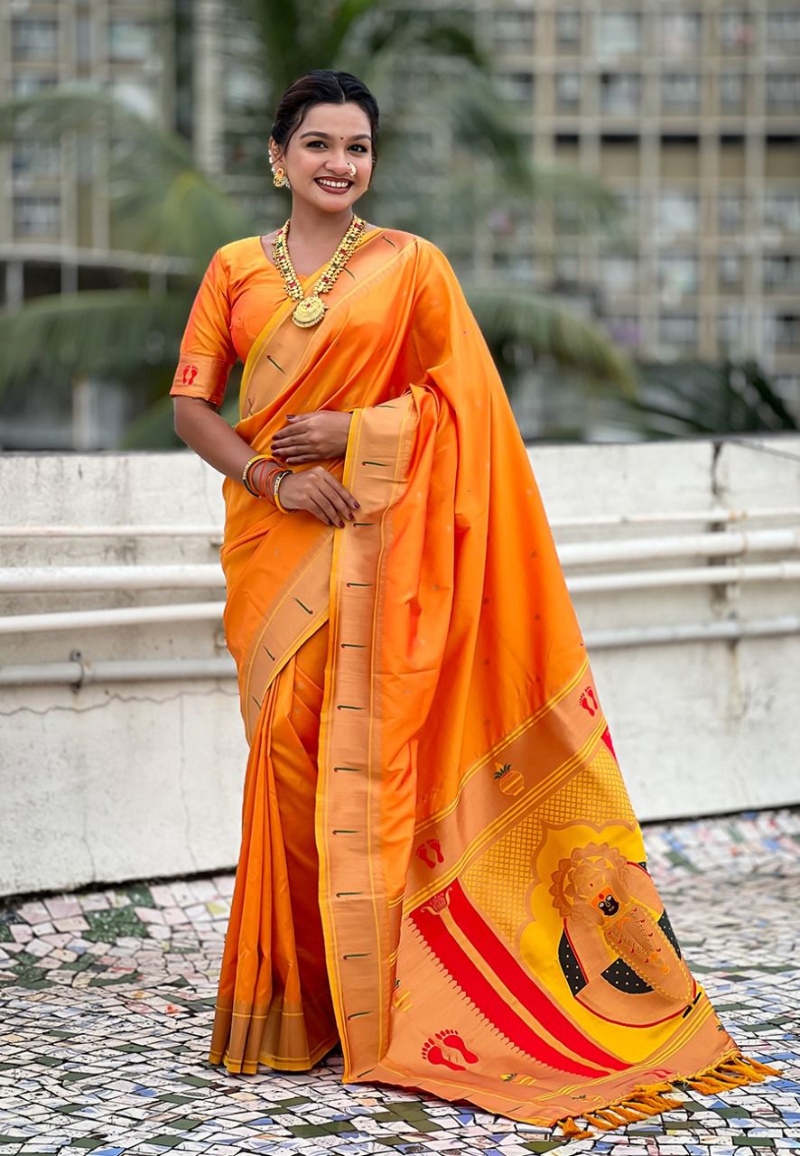 Aaradhya Golden-Orange Balaji Soft Silk Paithani Saree