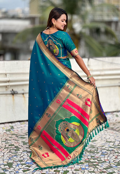 Nilambari Peacock-Teal Balaji Paithani Soft Silk Saree