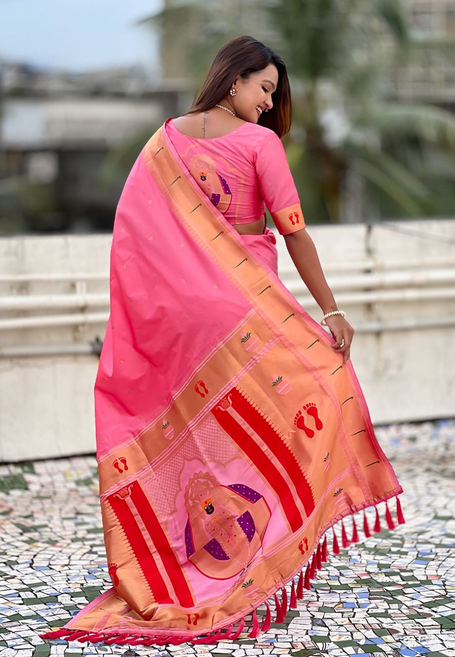 Nilambari Pink Balaji Paithani Soft Silk Saree