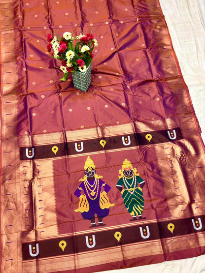 Royal Maroon Paithani with Vithoba–Rukmini Design