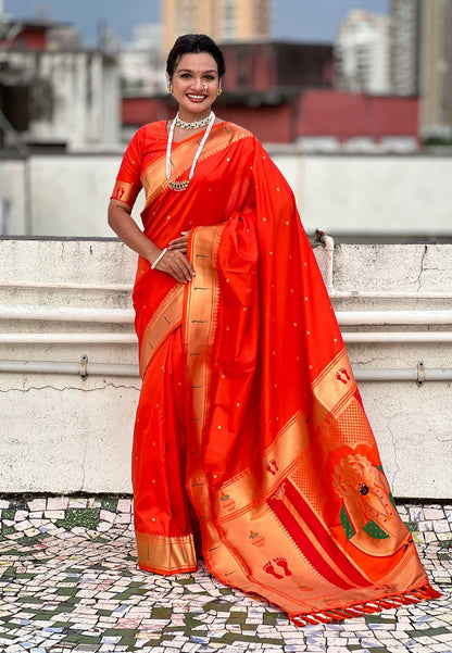 Shringarika Vermilion-Orange Balaji Paithani Soft Silk Saree