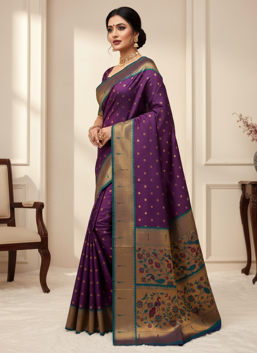 Royal Purple Paithani Silk Saree with Teal Border
